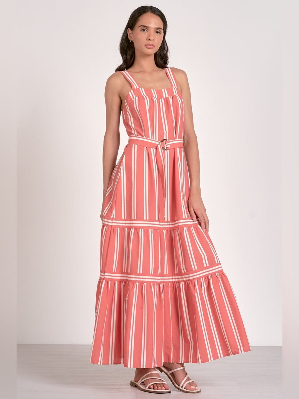 Elan Coral Stripe Tiered Maxi Dress with Belt | NWT | Size Medium - Picture 4 of 5
